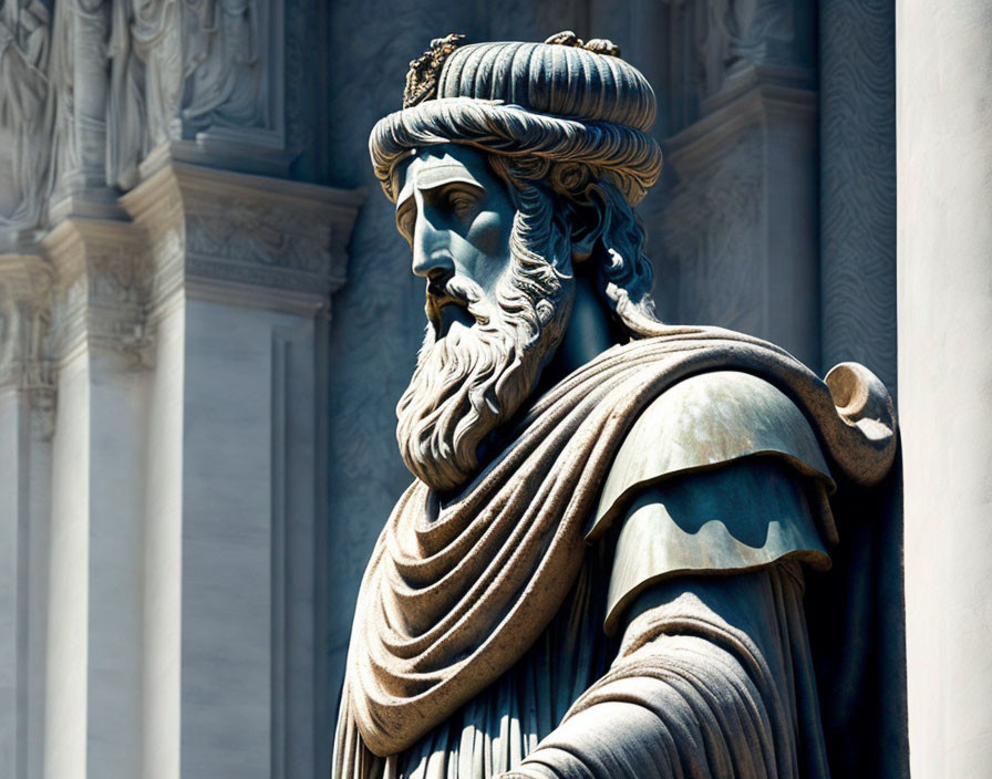 Bearded male statue in classical drapery with laurel crown