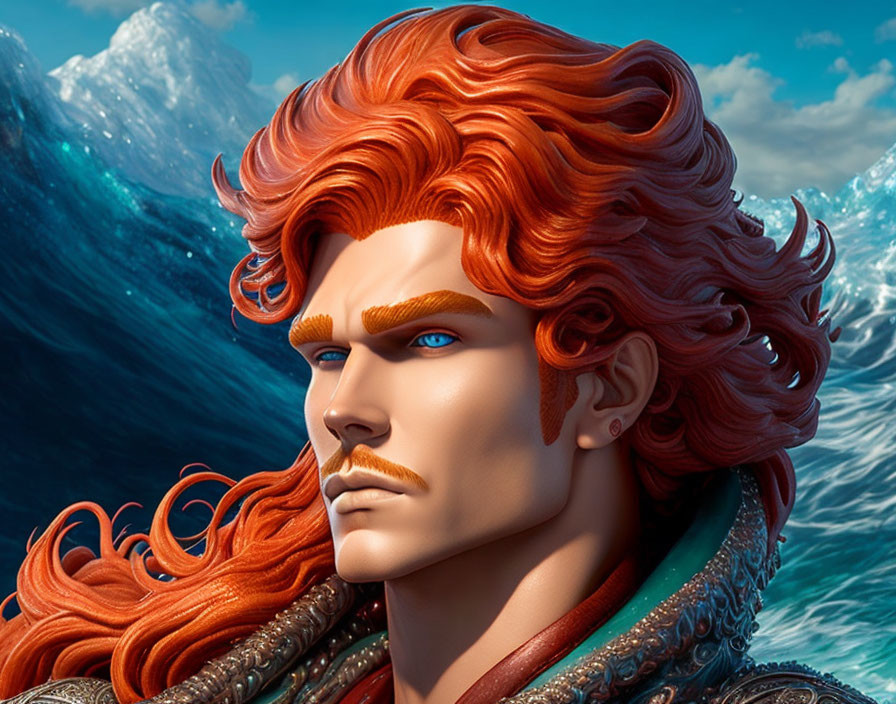 Fiery red-haired animated character with blue eyes against ocean waves