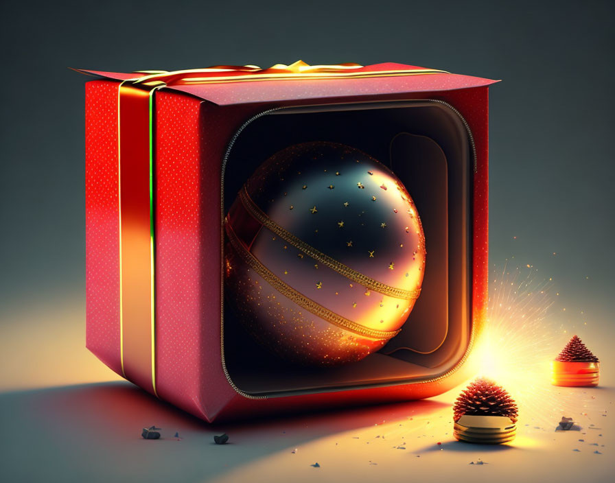 3D illustration of celestial orb in gift box with pyramids