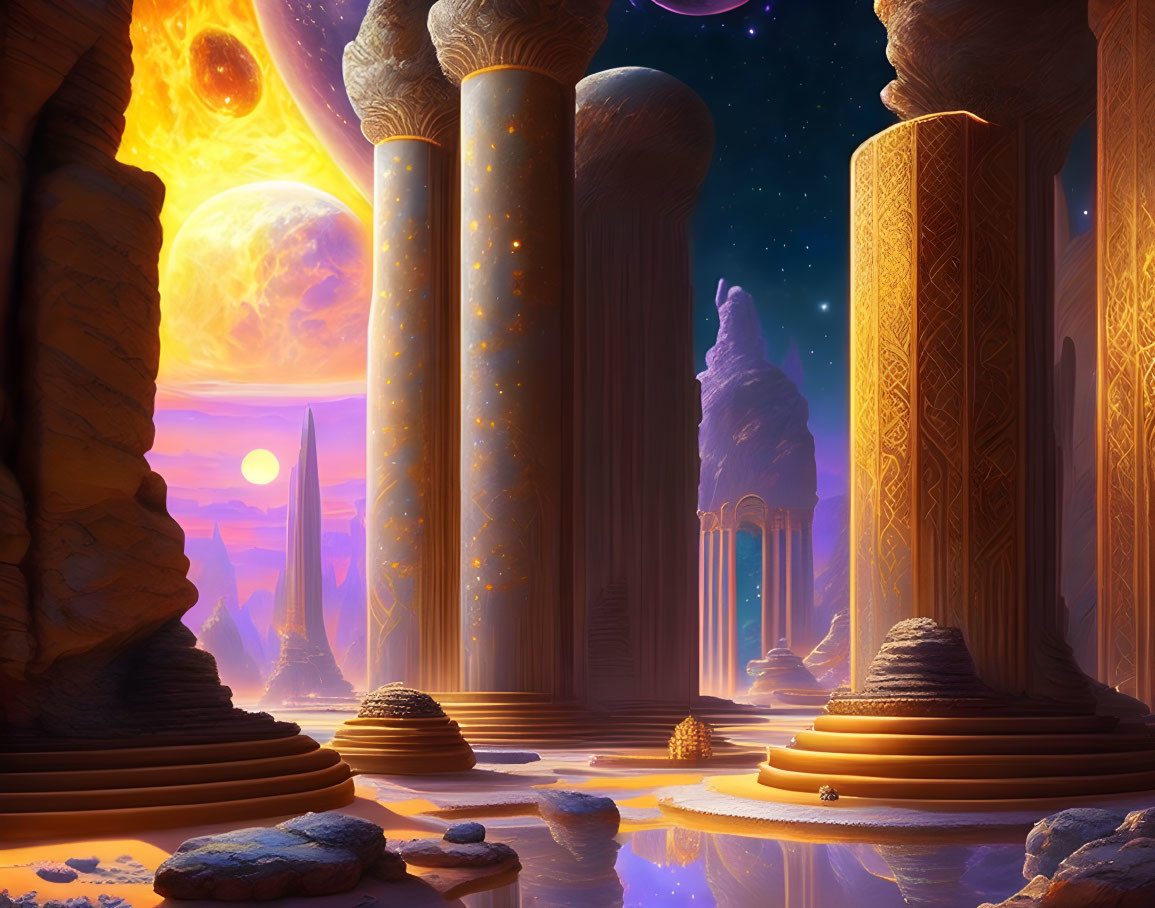 Surreal alien landscape with towering pillars and fiery planet