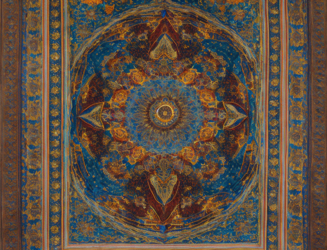 Symmetrical Islamic art pattern in blue, orange, and gold on a ceiling