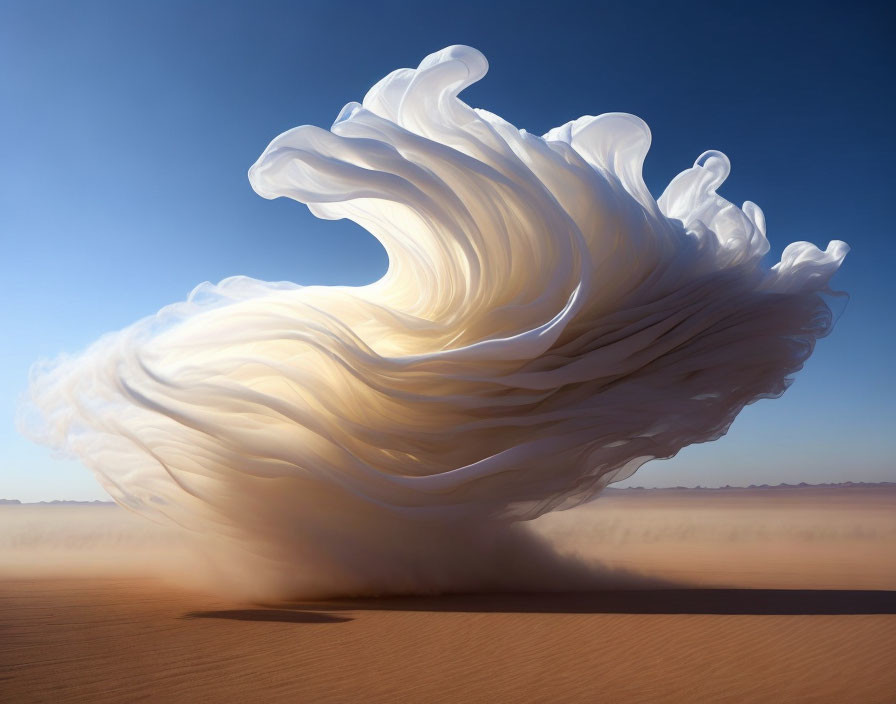 Surreal shell-like structure with flowing white forms in desert landscape