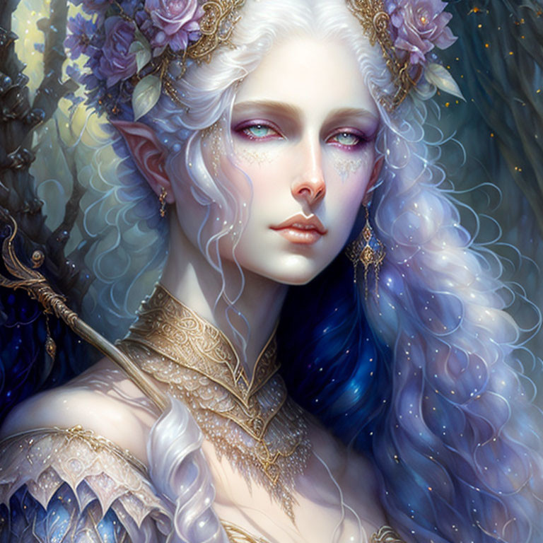 Fantasy female elf with pointed ears, pale skin, violet eyes, blue hair, gold jewelry,