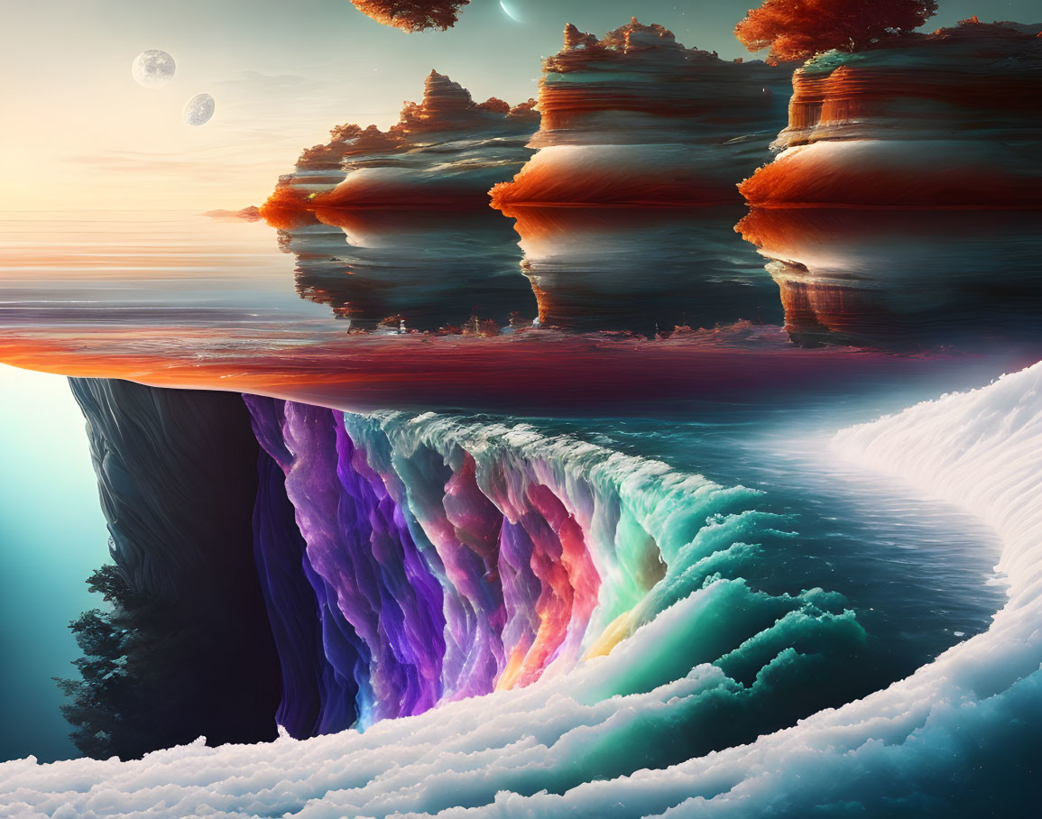 Vibrant floating island landscape with rainbow waterfall