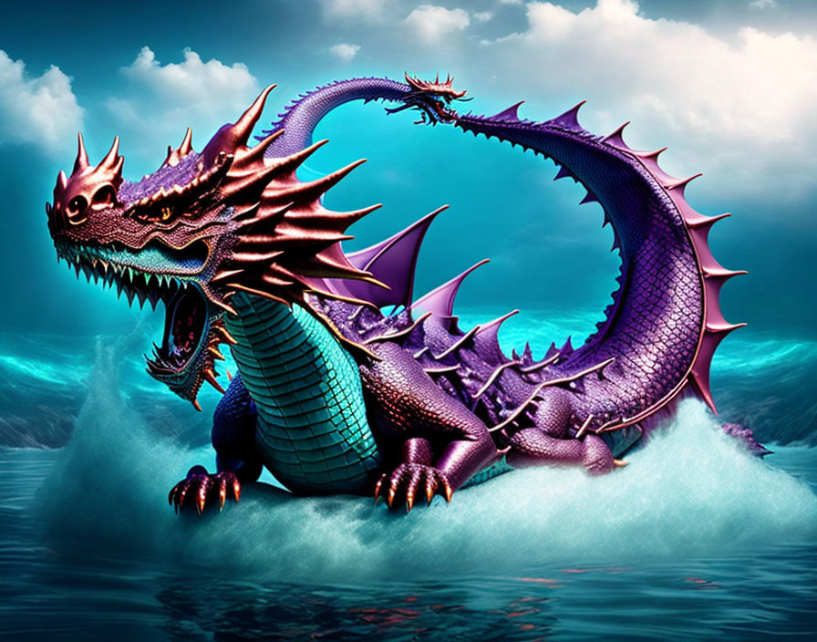 Colorful dragon with horns and spikes in ocean waves under dramatic sky