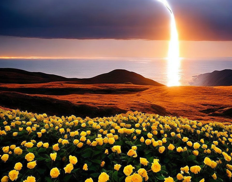 Scenic sunset over hills with clouds, yellow flowers, and ocean view