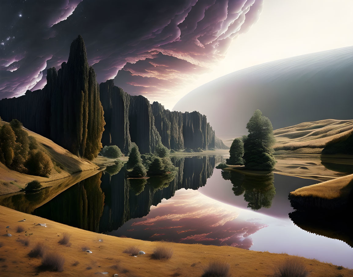 Surreal landscape with towering rock formations, calm lake, purple sky, stars, and large planet