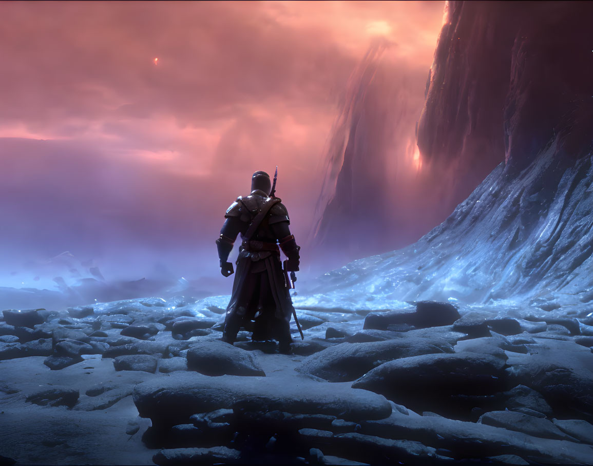 Armored warrior on icy terrain under surreal purplish sky with lava and embers.