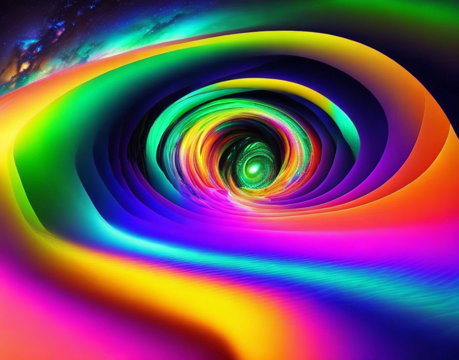 Abstract swirling vortex with rainbow hues on cosmic background