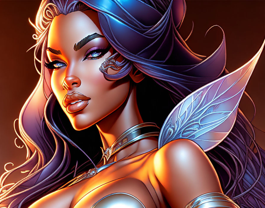 Fantasy female character with violet hair and metallic armor on amber background