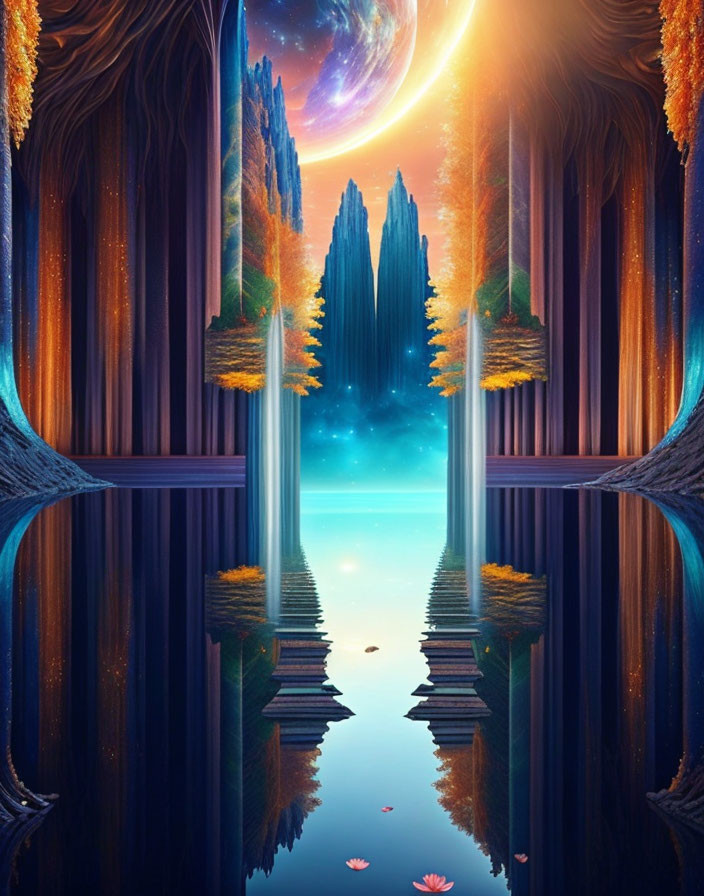 Ethereal digital art: mirror waterways, cliffs, autumn trees, cosmic sky