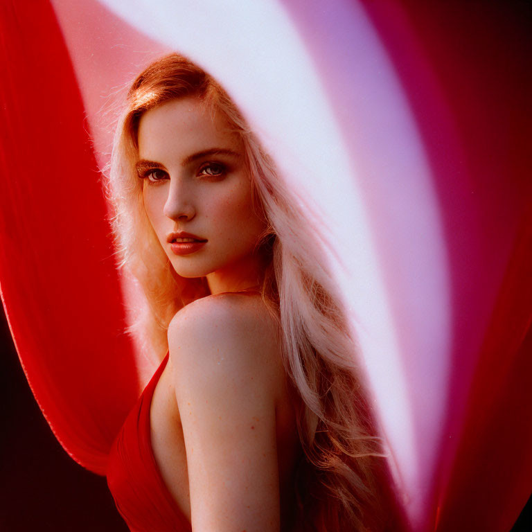 Blonde woman in red dress with swirling ribbon, head tilted.