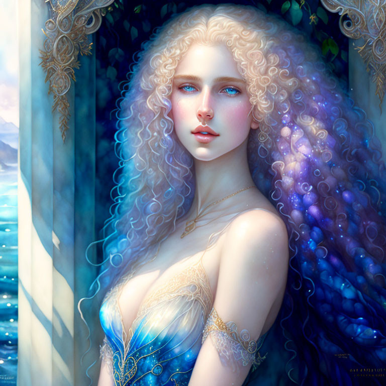 Fantasy portrait of woman with curly blonde hair in ornate blue dress by sea and columns