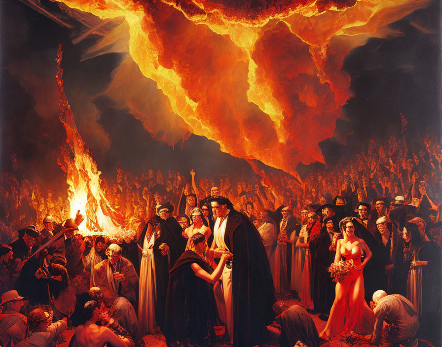 Historical scene with people and fireball in dramatic painting