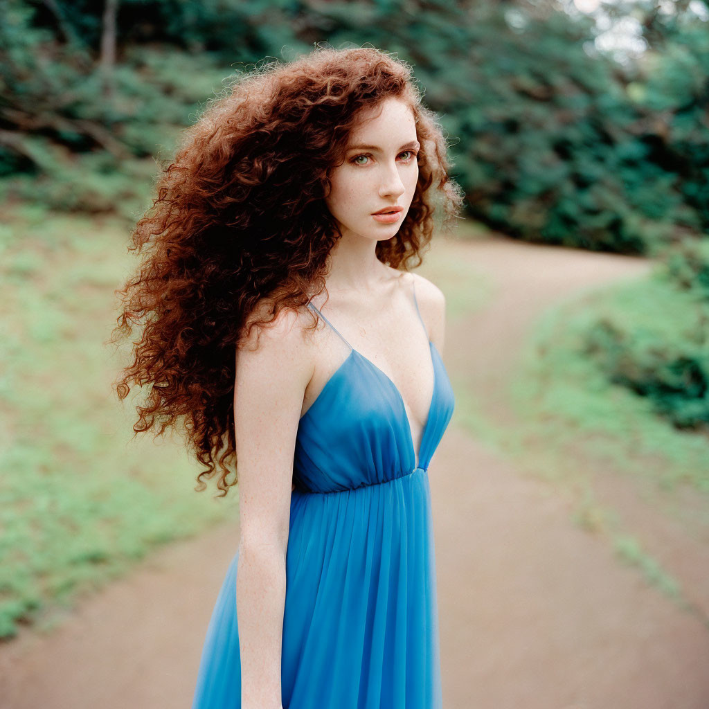 Curly-haired woman in blue dress on forest pathway