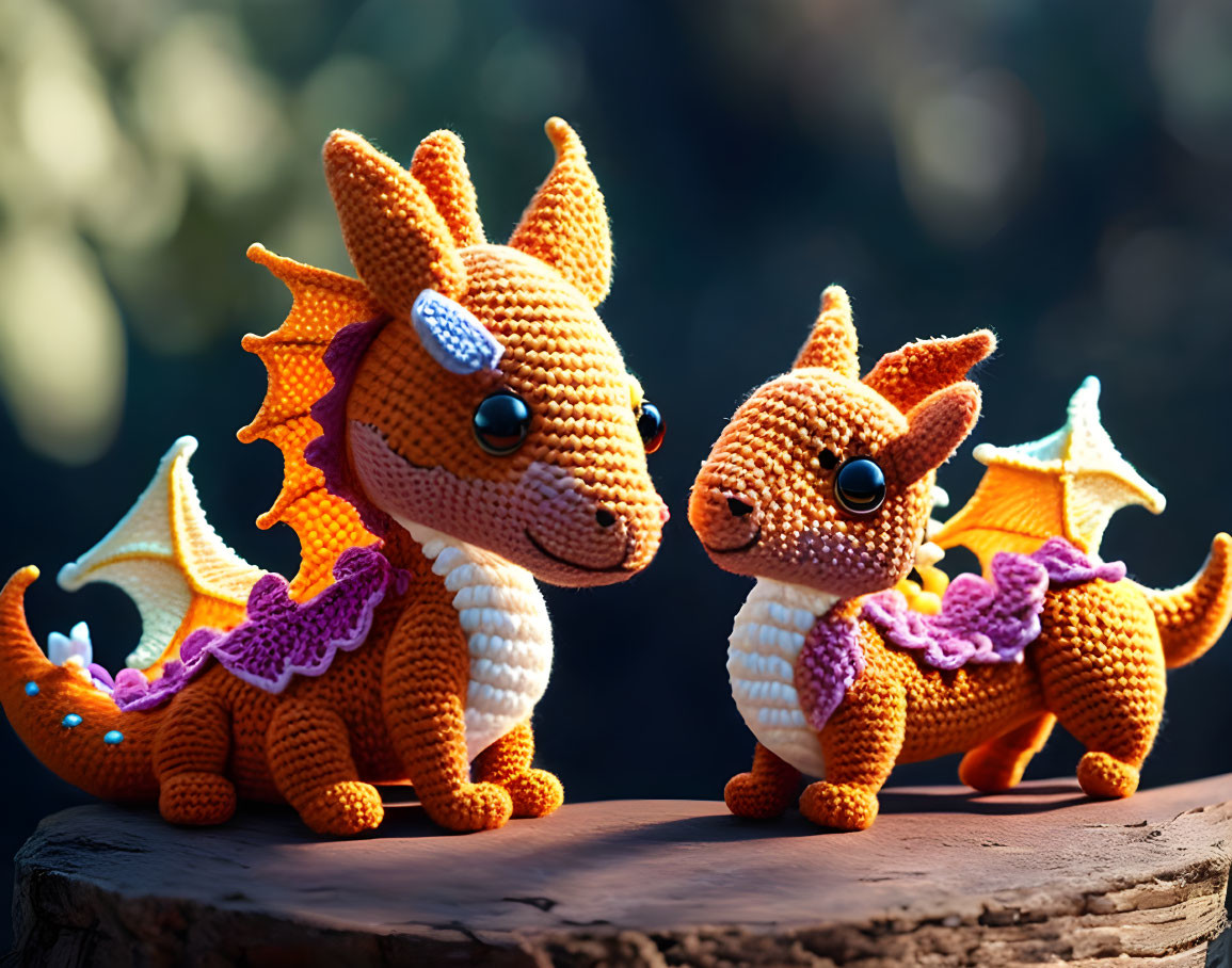 Crocheted orange dragon toys with colorful wings on log in natural setting