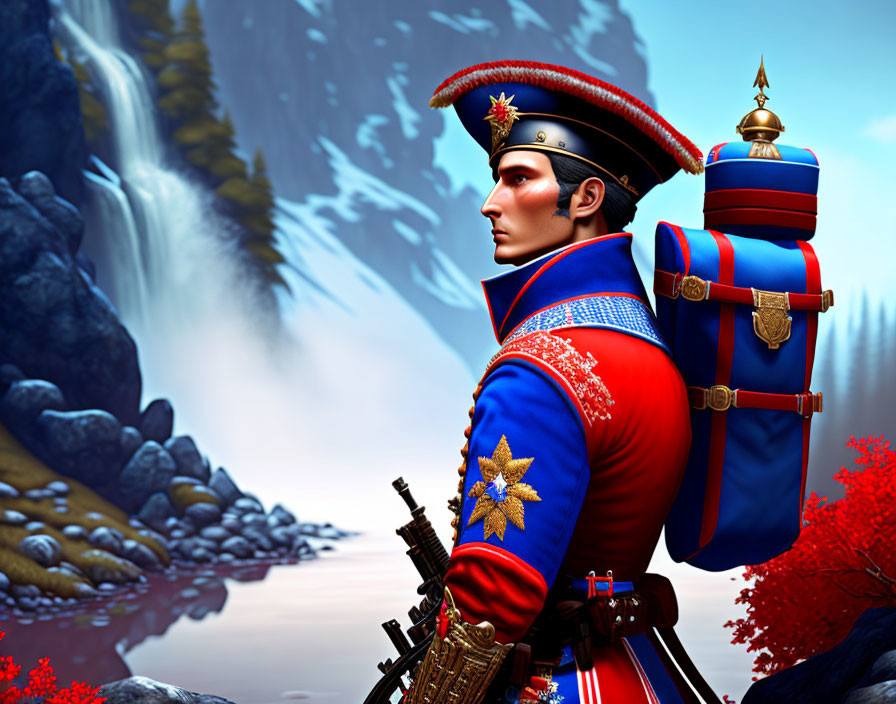 Vibrant soldier digital artwork in blue and red uniform with gold accents against waterfall and mountains