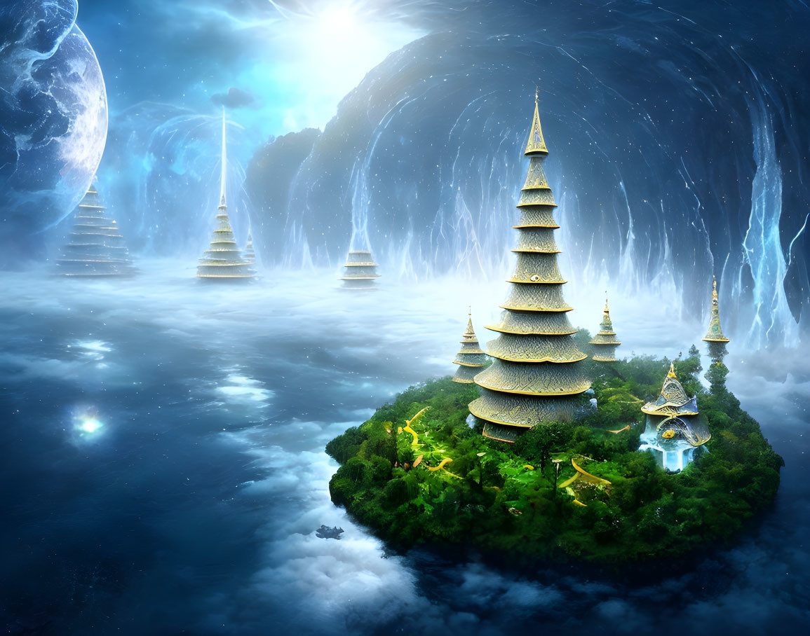 Fantastical floating island with Asian pagodas in lush greenery