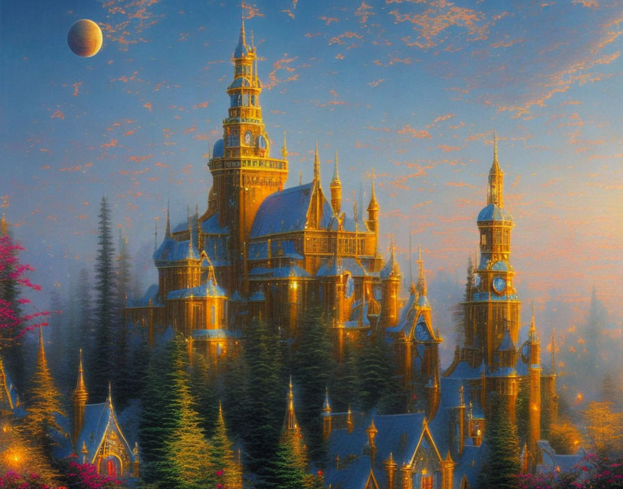 Golden castle in forest twilight with rising full moon