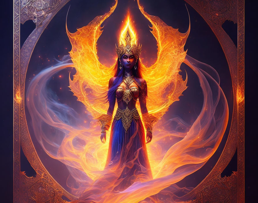 Blue-skinned mystical female figure with golden crown and fiery aura on dark backdrop