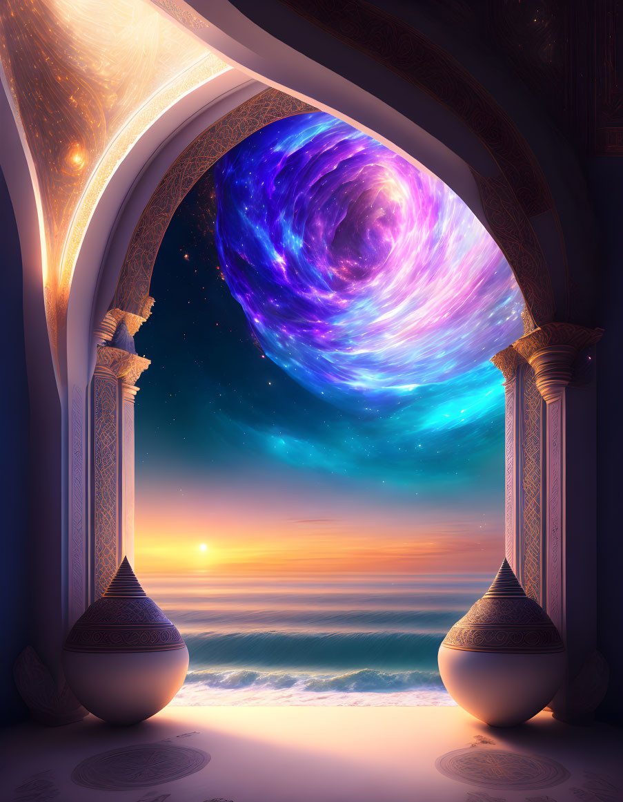 Ornate archway with cosmic swirl above ocean sunset and decorative vases under starry sky