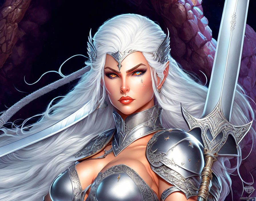 White-Haired Elven Warrior Woman in Silver Armor with Sword on Floral Background