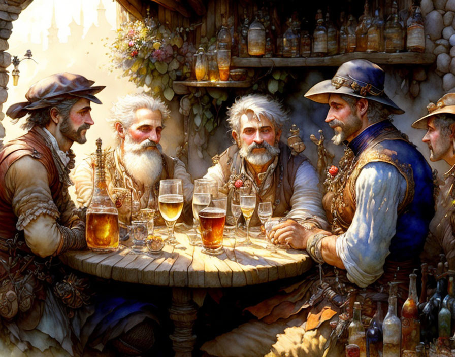 Fantasy characters enjoying drinks in rustic tavern setting