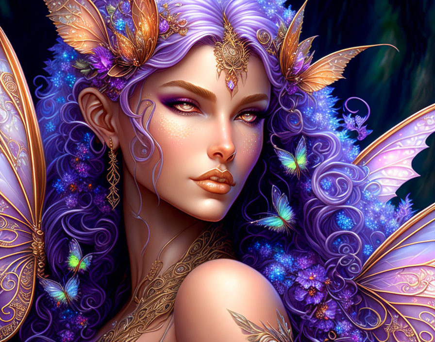 Digital artwork of female elf with purple hair, golden headpiece, butterflies, and translucent wings