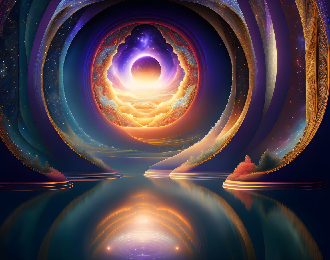 Colorful Fractal Landscape with Swirling Patterns Above Reflective Water