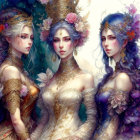 Ethereal women in floral crowns and regal attire in gold, pink, and blue.