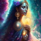 Golden tattooed woman in jeweled headpiece amid cosmic backdrop.