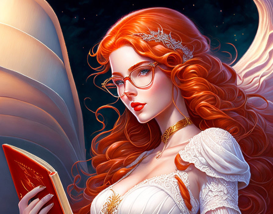 Stylized portrait of woman with red hair, glasses, regal dress, tiara, and