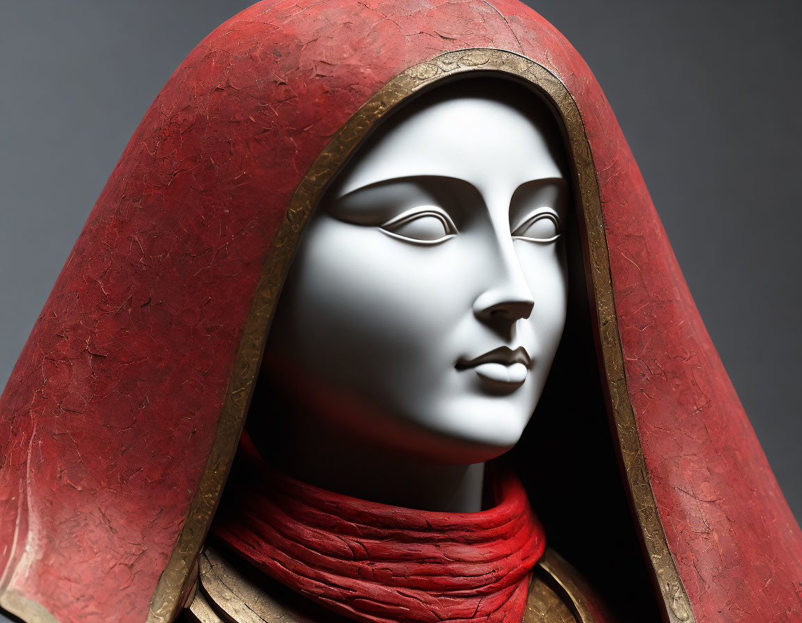 Sculptural face with red hooded cloak on dark background