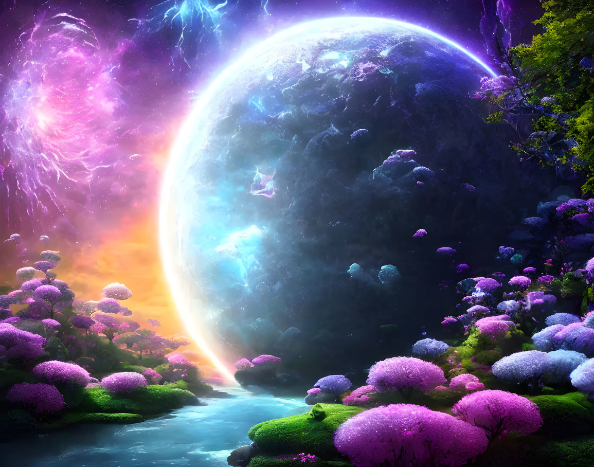 Colorful Fantasy Landscape with River, Flora, and Oversized Planet in Starry Sky