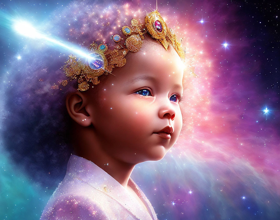 Child in Crown with Cosmic Background and Stars