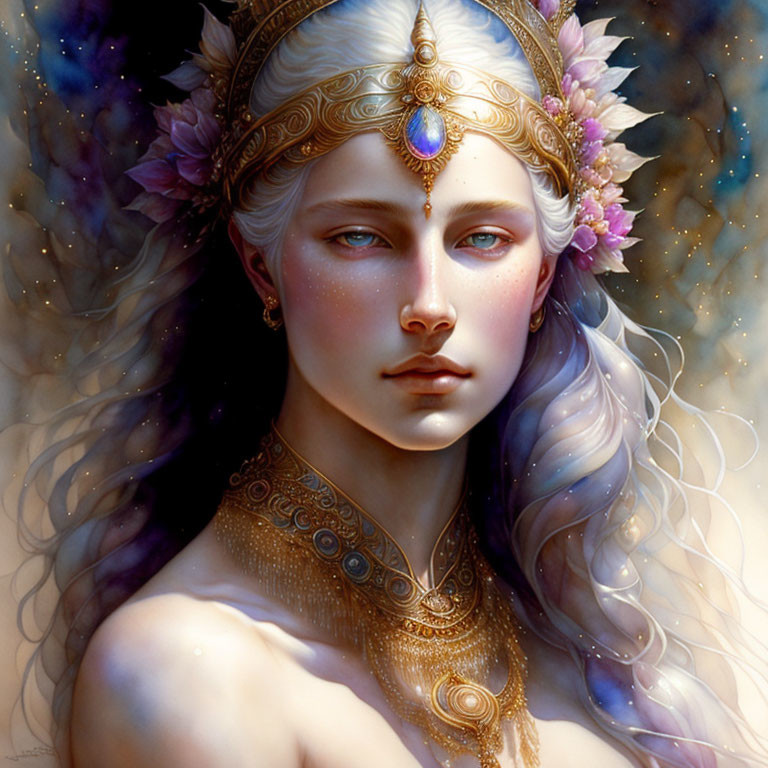 Ethereal woman with gold crown and blue gem among pastel flowers