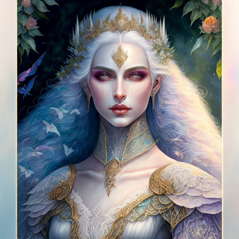 Ethereal illustration of pale-skinned elven queen with multicolored hair, golden crown,