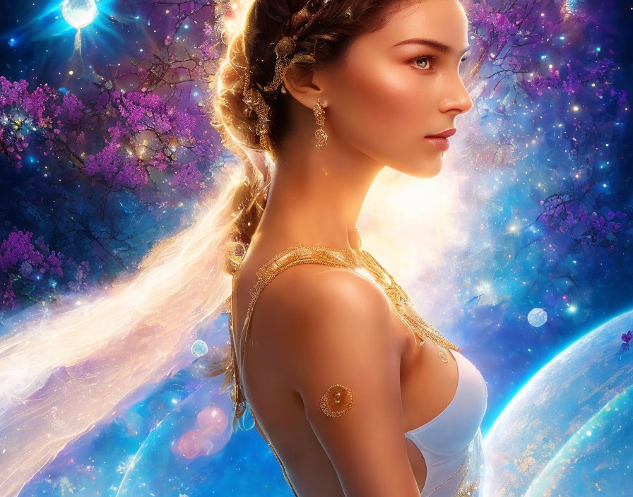 Ethereal woman in cosmic setting with blooming trees and golden jewelry