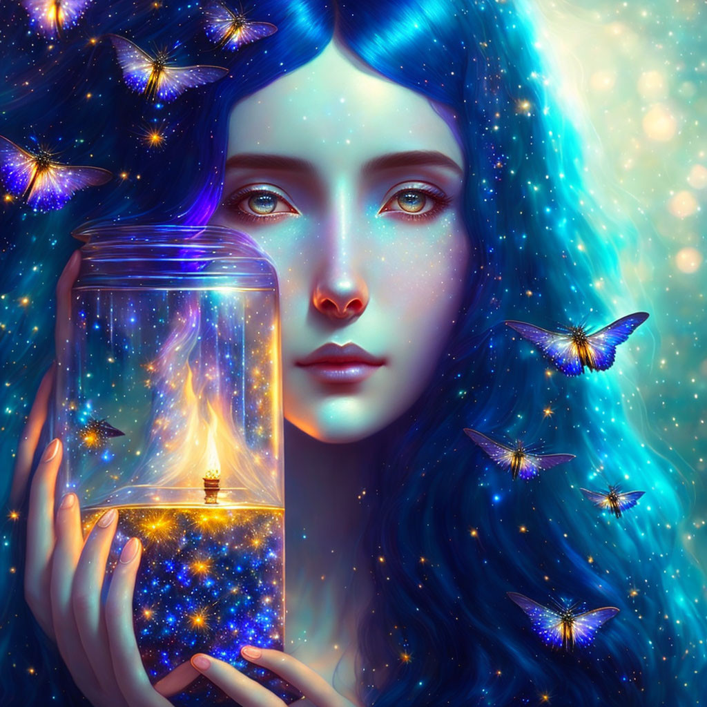 Blue-haired woman holding glowing lantern in jar with butterflies and starry background