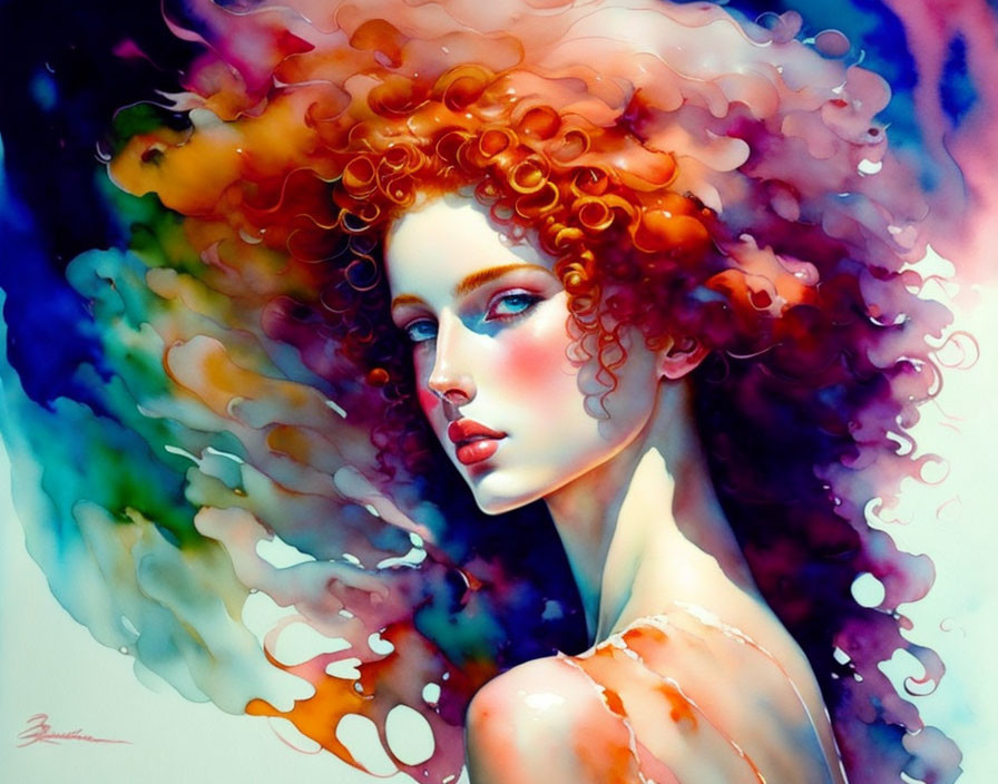 Colorful Watercolor Portrait of Woman with Curly Red Hair