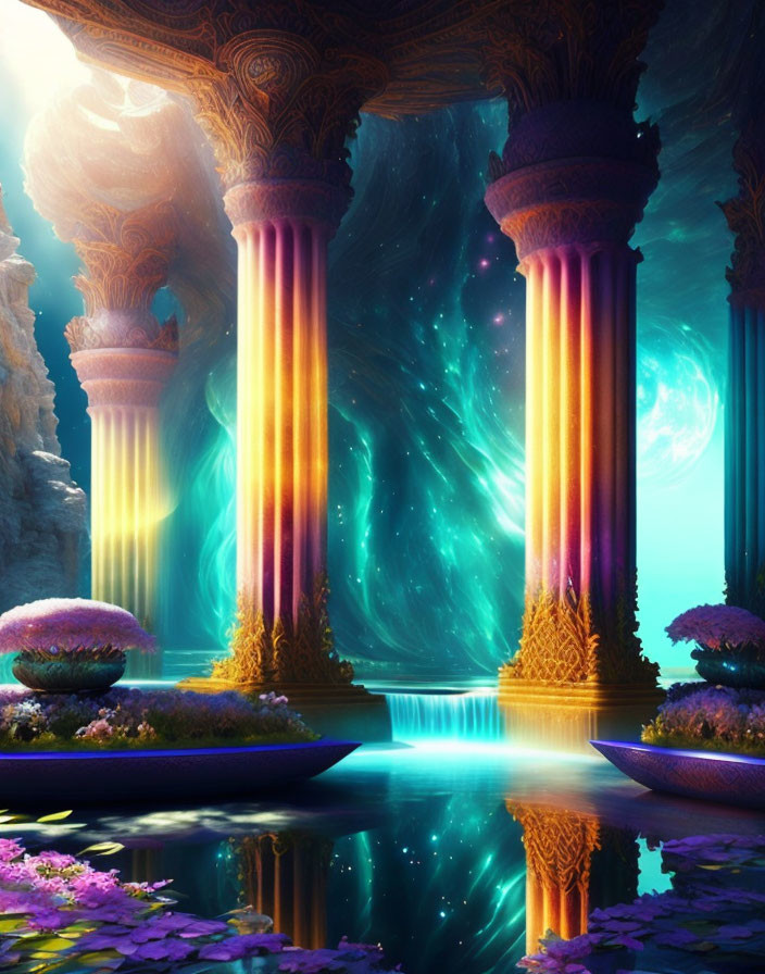 Ornate Pillars in Fantasy Landscape with Glowing Aurora and Floating Islands