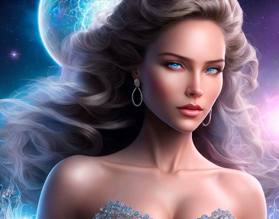 Digital illustration: Woman with blue eyes, silver hair, sparkling jewelry, cosmic backdrop