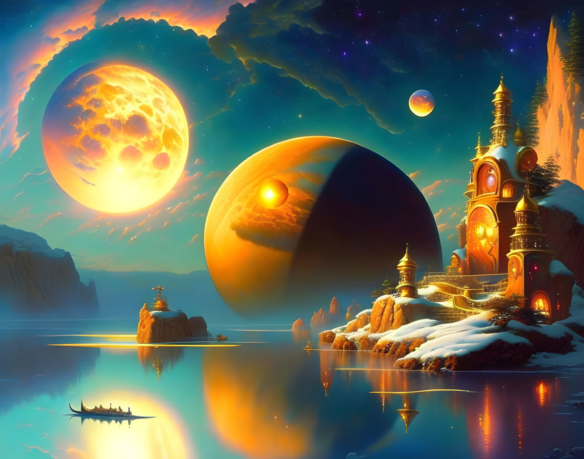 Fantastical landscape with celestial bodies, ornate buildings, and starry sky.