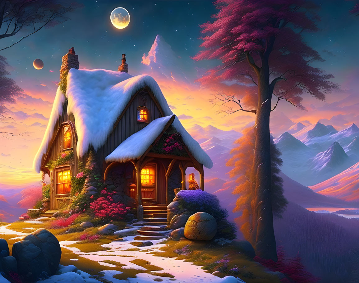 Snow-covered cottage in twilight landscape with pink trees and mountain backdrop