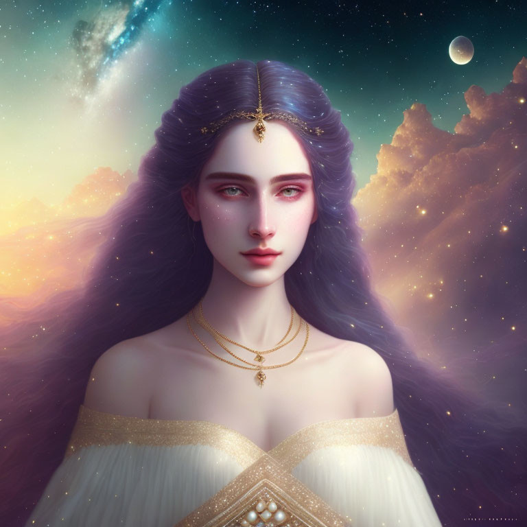 Digital painting: Woman with purple hair in cosmic scene with comet, moon, clouds. Gold jewelry,