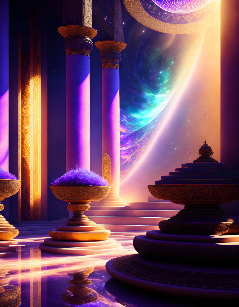 Fantasy Palace Interior with Ornate Pillars and Glowing Crystals