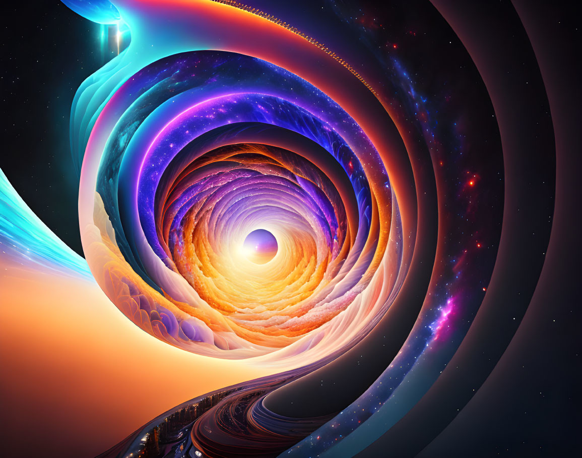 Vibrant digital artwork: Cosmic whirlpool with galaxies and celestial lights.