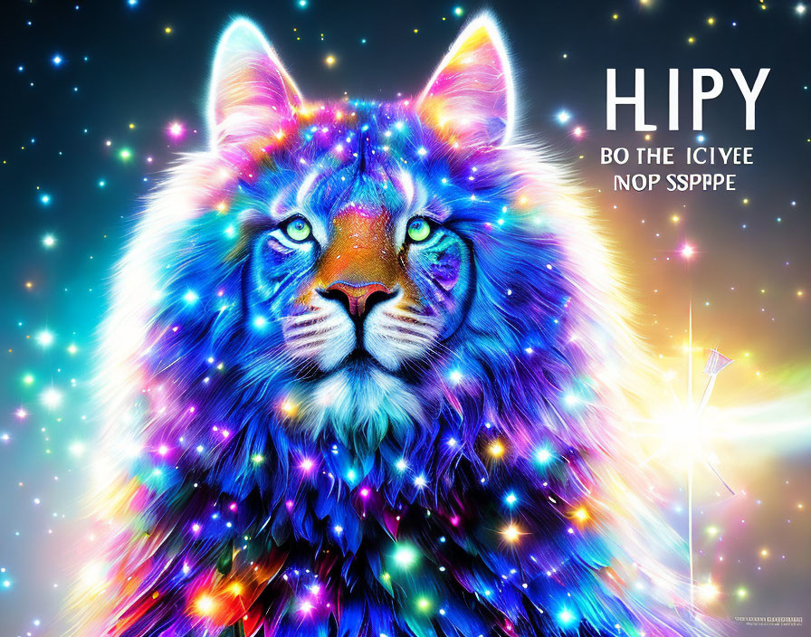 Colorful neon lion digital art on cosmic background with illegible text