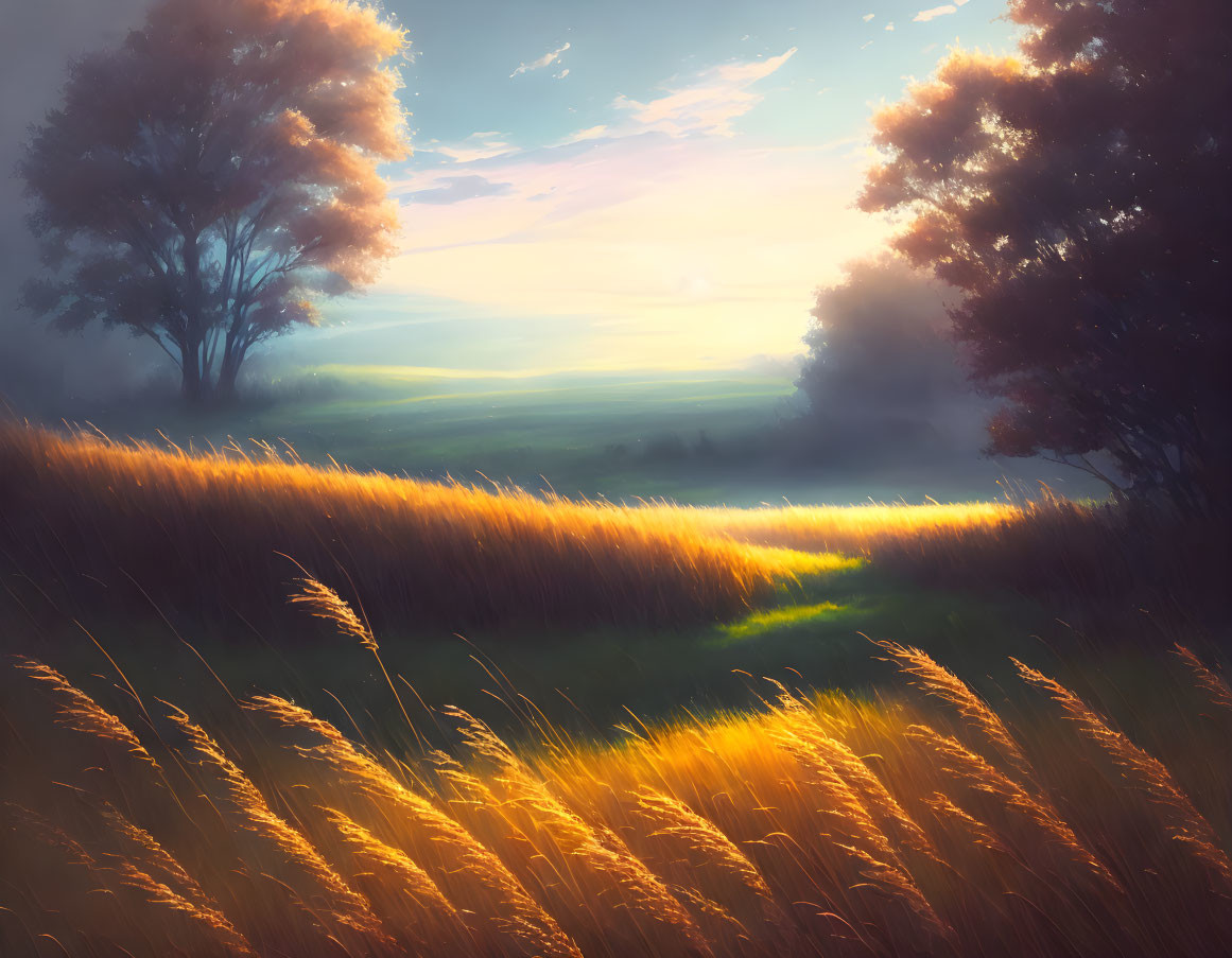 Tranquil sunset landscape with golden grass, meadow, and glowing sky