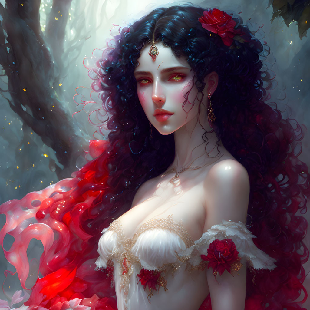 Fantasy portrait: Woman with dark hair, red accents, mystical surroundings